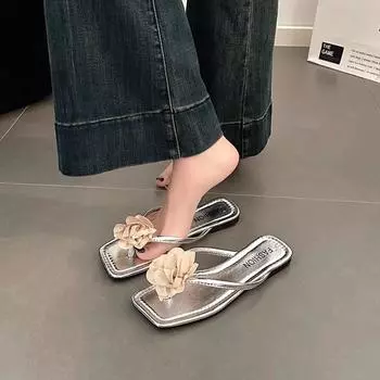 Flat-bottomed slippers flip-flops street wear European and American fashion retro silver toe sandals women s shoes spring and summer beach shoes 35 чёрный