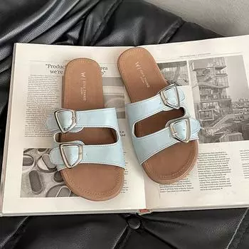 Flat-bottomed slippers women s summer fashion belt buckle soft bottom versatile word lazy pedal beach cool slippers 35
