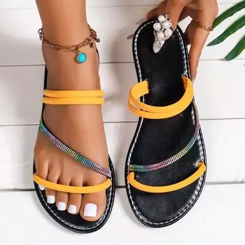 Flat-bottomed slippers women s summer fashion rhinestone round head open-toed casual women s sandals 36 чёрный