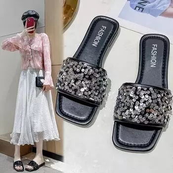 Стильные тапочки с блестками и плоским дном, женская обувь, новинка 2024 года, летние сандалии высокого качества с мягкой подошвой из серебра 35 серебряный