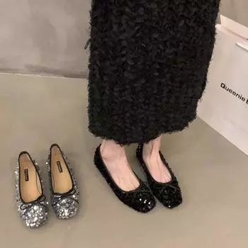 Flat-bottomed temperament silver sequined single shoes fairy shoes 2024 new spring, autumn and winter French black gentle evening shoes 35 серебряный