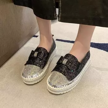 Flat-bottomed thick-soled single shoes for women s spring new one-pedal colored rhinestone bow Korean version of student lazy casual shoes 35 золотой