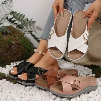 Flat Casual Slippers with Cross Belt Buckle Solid Color Beach Shoes 36 белый