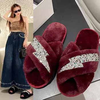 Flat Fluffy Fur Slippers Women Bling Shine Flash Rivet Warm Furry Slippers Women Flip Flops Home Slides Flat Indoor Floor Shoes 36-37 бордовый