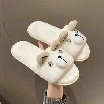 Flat Fluffy Fur Slippers Women Cute Dog Animal Warm Furry Slippers Women Winter Flip Flops Home Slides Flat Indoor Floor Shoes 36 чёрный