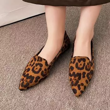Flat heel pointed flat shoes autumn 2024 new large size leopard print light mouth suede casual shoes 35 коричневый