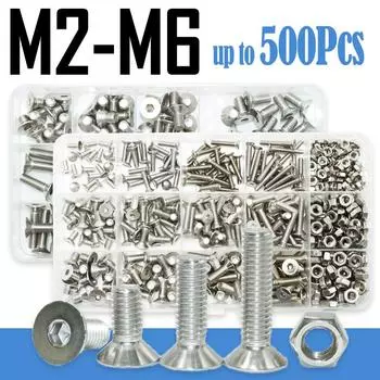 Flat Hex Screw and Nut Set 304 Stainless Steel Hexagonal Allen Bolt M2 M2.5 M3 M4 M5 M6 Countersunk Motor Faring Bolt Screws Nut