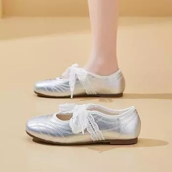 Flat Lace Mary Jane Single Shoes Women s Summer Round Head with Skirt Versatile Grandma Shoes 35 серебряный