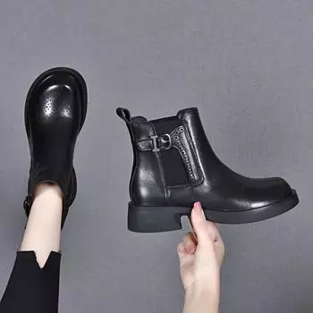 Flat Martin Boots Women s Cigarette Boots First Layer Cowhide Belt Buckle Short Boots Personalized Locomotive Boots Brock Leather Boots 35