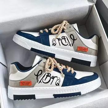 Flat Men Casual Shoes Printing Pattern Man Sneaker Vulcanized Tennis Shoes Student White Shoes New Weaving Lace-up Mens Trainers 39 бежевый