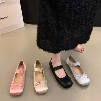 Flat pink Mary Jane shoes fairy shoes spring and autumn 2024 new spring and autumn winter satin silver ballet shoes 35 чёрный