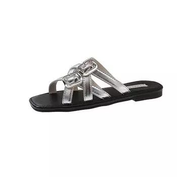 Flat Sandals Summer New Square Head Open Toe Metal Buckle Thin with Soft Sole Anti-slip Wear-resistant Slippers 35