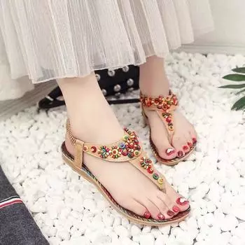 Flat sandals women s 2025 new summer bohemian pinch flat sandals women s beaded beach shoes women 36