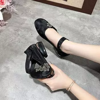 Flat shoes women s round head low heel mesh Mary Jane single shoes new Chinese style flower word belt 34