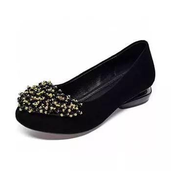 Flat shoes women s spring and summer new round head shallow mouth one pedal black simple temperament beaded single shoes 34