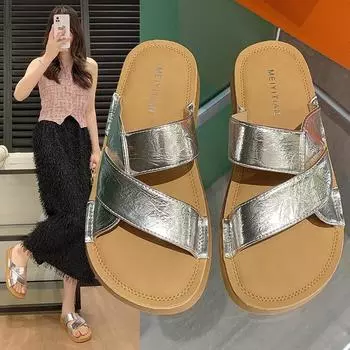 Flat Shoes Women s Summer New Round Head Cross with Sandals Light Soft Sole Non-slip Beach Sandals 35 бежевый