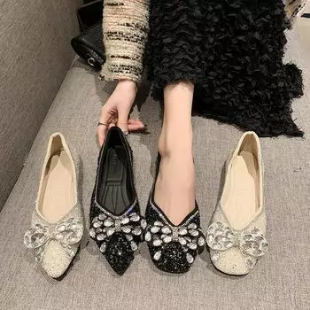 Flat single shoes women s 2024 new flash diamond bow casual commuting shallow mouth with pointed head and square head two single shoes 35