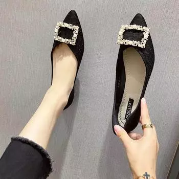 Flat single shoes women s pointed head shallow mouth 2024 new spring and autumn casual Korean version flat heel versatile grandma shoes F188-3 35 чёрный