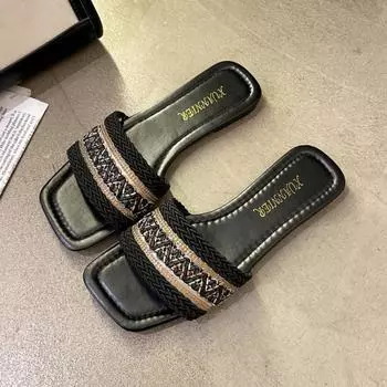 Flat Slippers for Women 2024 Summer Designer Big Size Beach Slipper Shoes Ladies Embroidery Fashion Soft Sole Flip-flops Woman 35 чёрный