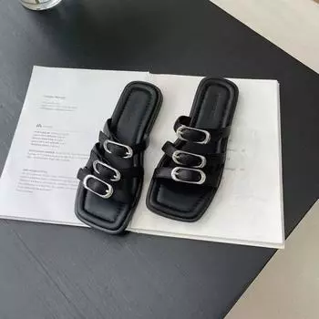 Flat Slippers Women s Shoes One-word Buckle Non-slip Beach Shoes for Women Sandals Open-toe Soft-soled Womens All-match Slippers 35 чёрный