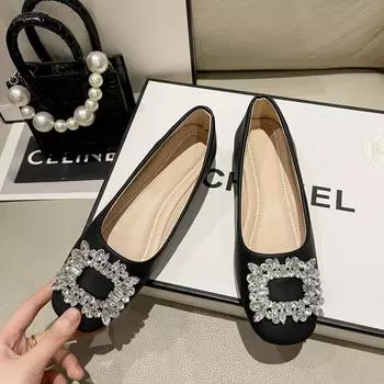 Женские туфли на плоской подошве, весна 2025, новые квадратные пряжки со стразами, рабочая обувь, плоский каблук, неглубокий носок, модные и удобные 35