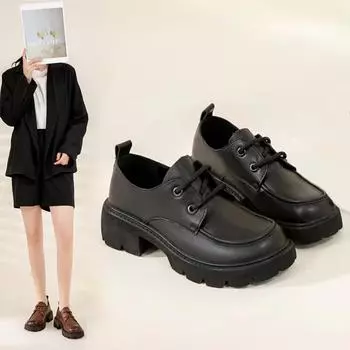 Туфли на плоской подошве, женские весенне-осенние тонкие новые винтажные удобные кожаные повседневные женские туфли, маленькие кожаные туфли на толстой подошве 35 чёрный