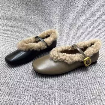 Flat-soled single shoes with fleece to keep warm Mary Jane shoes for women s 2025 winter models, square head one-word buckle with thickened f 35 чёрный