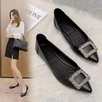 Flat-soled single shoes women s 2025 new versatile soft leather pointed laden shoes soft-soled rhinestone versatile four-season work shoes women s sho 35 чёрный