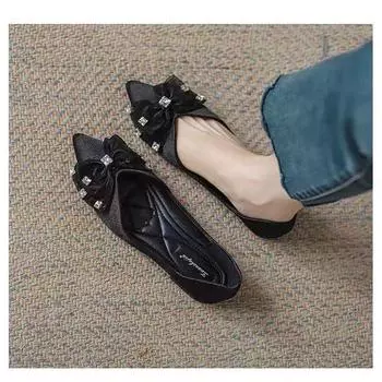 Flat-soled women s shoes 2025 new spring and autumn French bow pointed head shallow mouth evening wind soft sole single shoes fairy style 35 абрикосовый