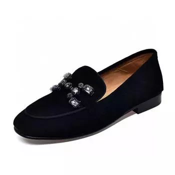 Flat-soled women s shoes women s single shoes spring new black sheepskin rhinestone soft surface comfortable women 34