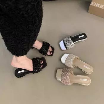 Flat Temperament Sequin Slippers Women Wear 2024 New Summer Soft Sole High-grade Silver Sandals 35