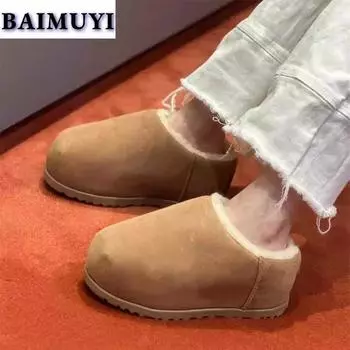 Flats Fur Women Ankle Snow Boots Suede Shoes 2025 Trend Short Plush Casual Slippers Chelsea Boots Winter New Sport Mujer Botas 35 абрикосовый