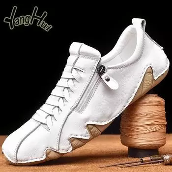 Flats Wear-resistant Soft Leather Men s Casual Shoes Sports Breathable Zipper Design Fashion Sneakers 2024 New Spring Autumn 38 белый