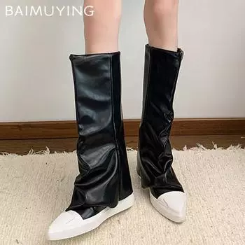 Flats Women High Boots Leather Pointed Toe Designer Fashion Shoes 2025 Trend Winter New Brand Goth Motorcycle Botas De Mujer 35