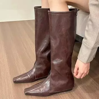 Flats Women High Boots Pointed Toe Classic Chelsea Boots Knee High Leather Shoes 2024 Trend Winter Designer Goth Lasies Zapatos 35