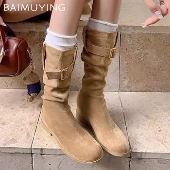 Flats Women High Boots Suede Designer Buckle Retro Shoes 2025 Trend New Brand Mid Calf Classic Motorcycle Winter Botas De Mujer 35 хаки