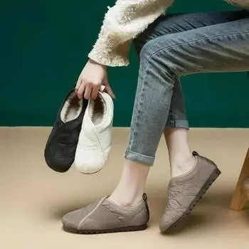 Flats Women Shoes Fur Warm Cozy Sneakers Winter New 2024 Trend Outdoor Non Slip Soft Sole Cotton Shoes Casual Zapatillas Mujer 35 чёрный