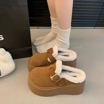 Fleece bag head half slippers women s 2024 winter fluffy thick-bottomed thermal cotton slippers outer weave heel Boken slippers 35 хаки