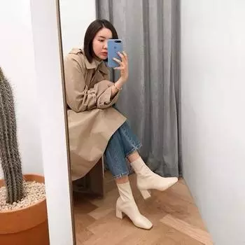 Fleece boots women s thick heel 2024 spring and autumn short boots medium heel Martin boots British style square head Internet celebrity elastic th 40