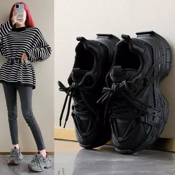 Fleece dad shoes women s 2024 new mesh lace-up round head thick-soled non-slip casual shoes versatile height-increasing sneakers 35
