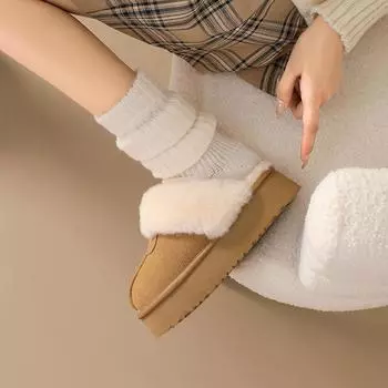 Fleece half-drag thick-soled fluffy half-slippers women s winter 2024 fleece thickened snow boots leather warm cotton shoes 35 малиновый