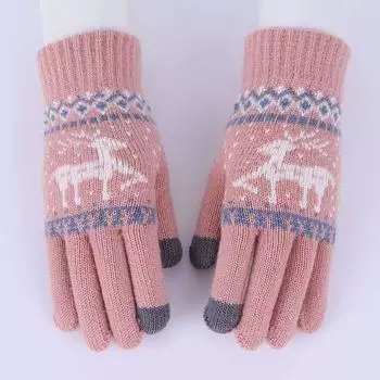 Fleece-lined Deer Women s Five-Finger Wool Cartoon Korean Gloves Double Fleece-lined Pink One size