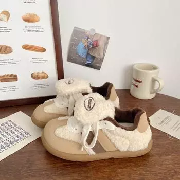 Fleece puff board shoes women s new autumn and winter outer wear cotton shoes cute warm fluffy shoes 35