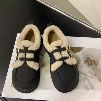 Fleece small leather shoes women s single shoes 2024 autumn and winter new Japanese retro low heel thickened warm British cotton shoes 35 чёрный