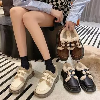 Fleece small leather shoes women s single shoes 2024 autumn and winter new Japanese retro low heel thickened warm British cotton shoes 35 коричневый