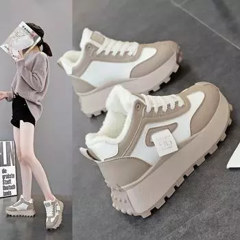 Флисовые утолщенные ботинки средней высоты детские хлопковые туфли зимние новые универсальные спортивные короткие ботинки на платформе женские 35 чёрный