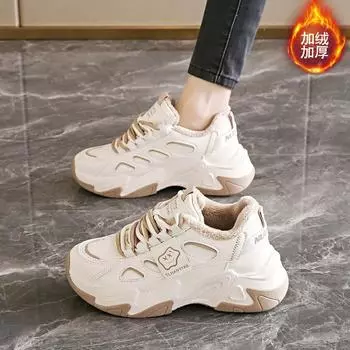 Fleece two cotton dad shoes women s winter 2024 new popular foot small sports casual shoes leather versatile board shoes 35 хаки