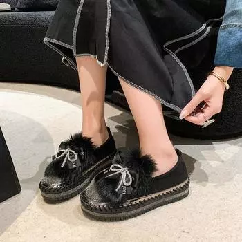 Fleece warm bow rhinestone shallow loafers women s autumn and winter new Korean version one-pedal thick-soled lazy shoes 35 чёрный