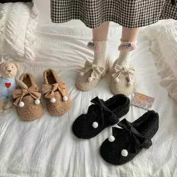 Fleece warm ugly cute fluffy shoes women s 2024 autumn and winter new retro casual soft waxy bow fluffy ball cotton shoes 35 чёрный
