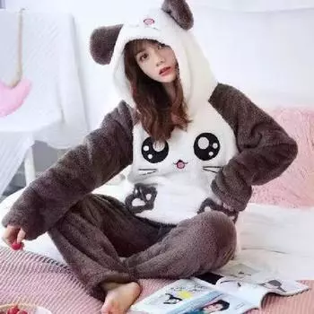 Fleece Warm Women Pajamas Thickening Hooded Long Sleeve Women 2 Piece Outfit Set Cute Printing Women Home Clothes XXL белый